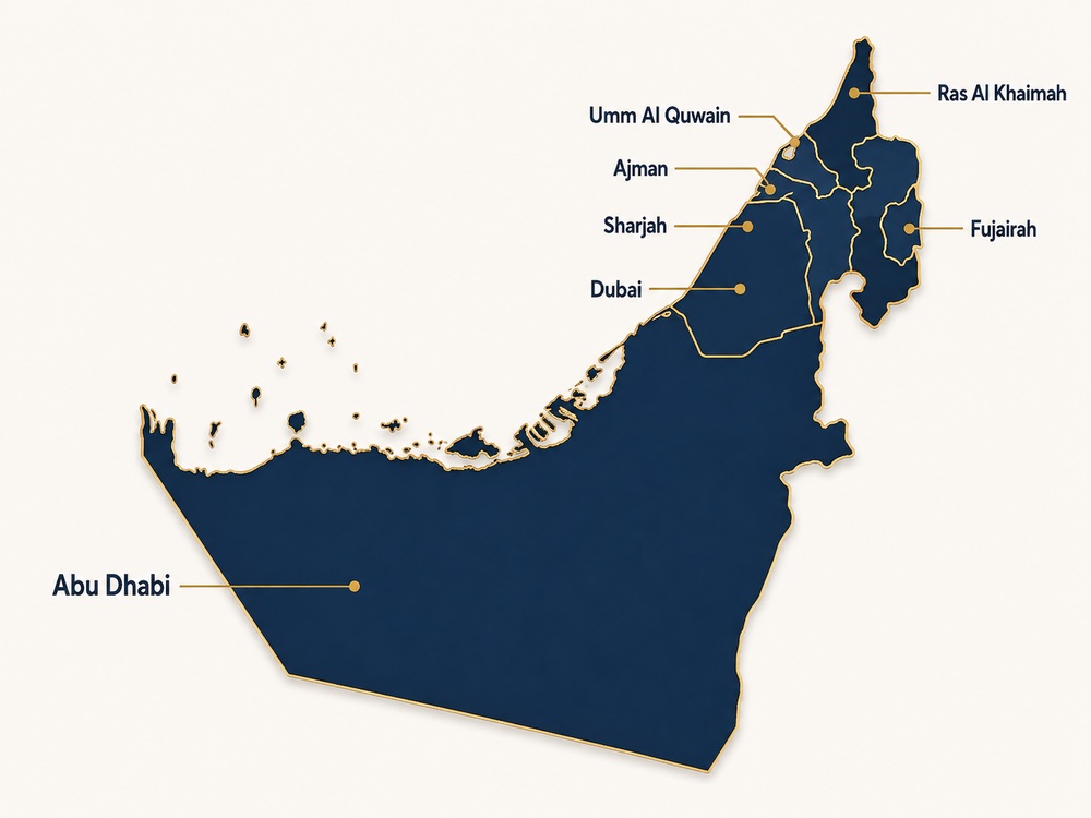 Map showing all seven Emirates of the UAE covered by Commercial Property Gate.